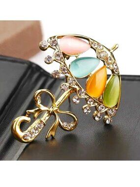 Brooch Umbrella Rhinestone Stunning Pin Stylish Colorful Stones Gold Unique Glam